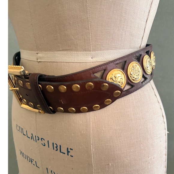 Avignon Brown Leather Belt Gold Lion Medallion Studded Wide Waist Belt 785 M main image 7